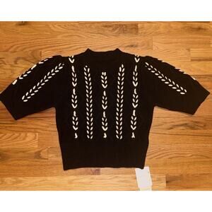 NWT Commense Black & White Puff Sleeve Contrast Binding Cable Knit Top Sz Small
